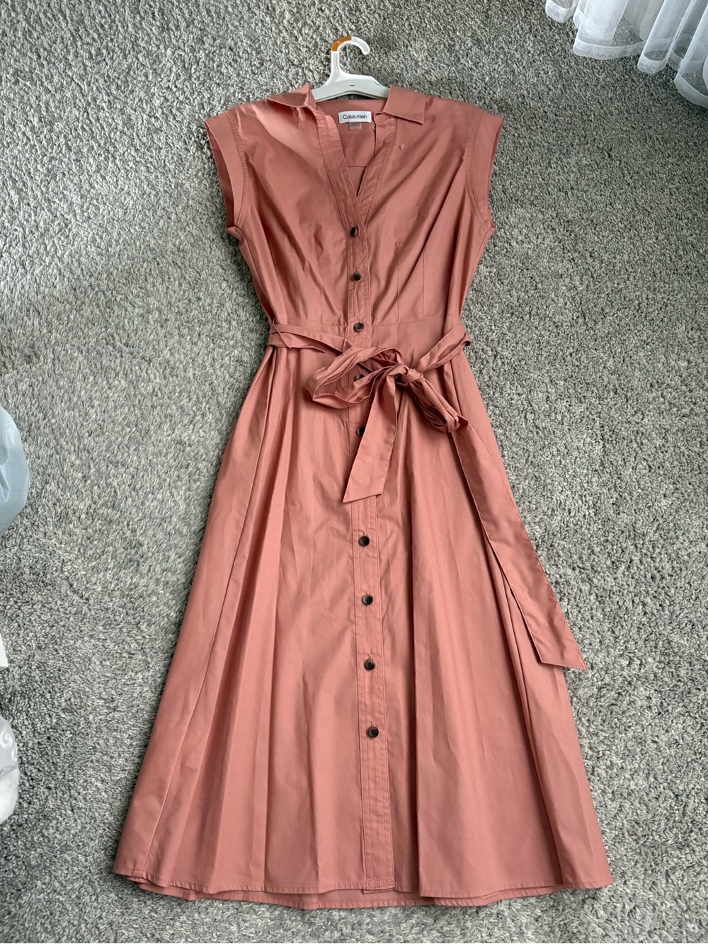 Calvin Klein Dusty Rose Button-Front Midi Dress with Tie Waist - Picture 1 of 3